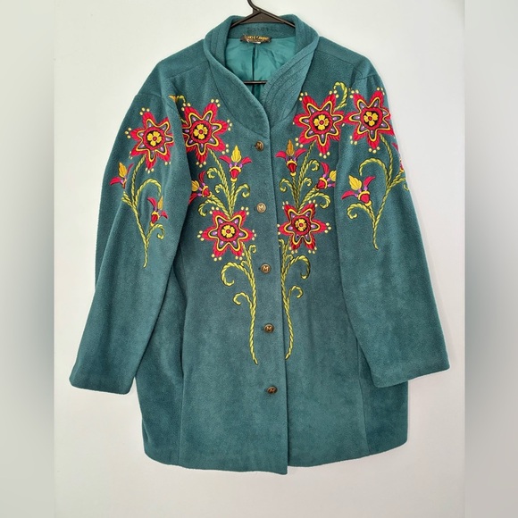 Bob Mackie Wearable Art Coat Green Embroidered Floral Fleece Jacket Size Large? - Picture 1 of 7